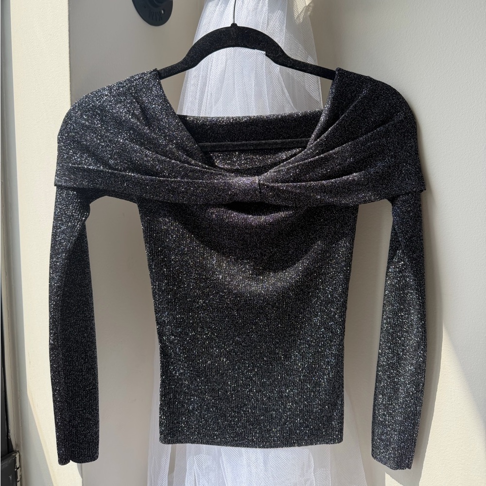 Central Park West Sparkle Off-Shoulder Black Knit Sweater